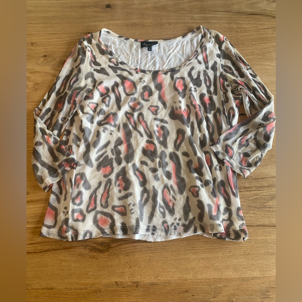 Brown and Tan Relaxed 3/4 Sleeve Tunic Blouse